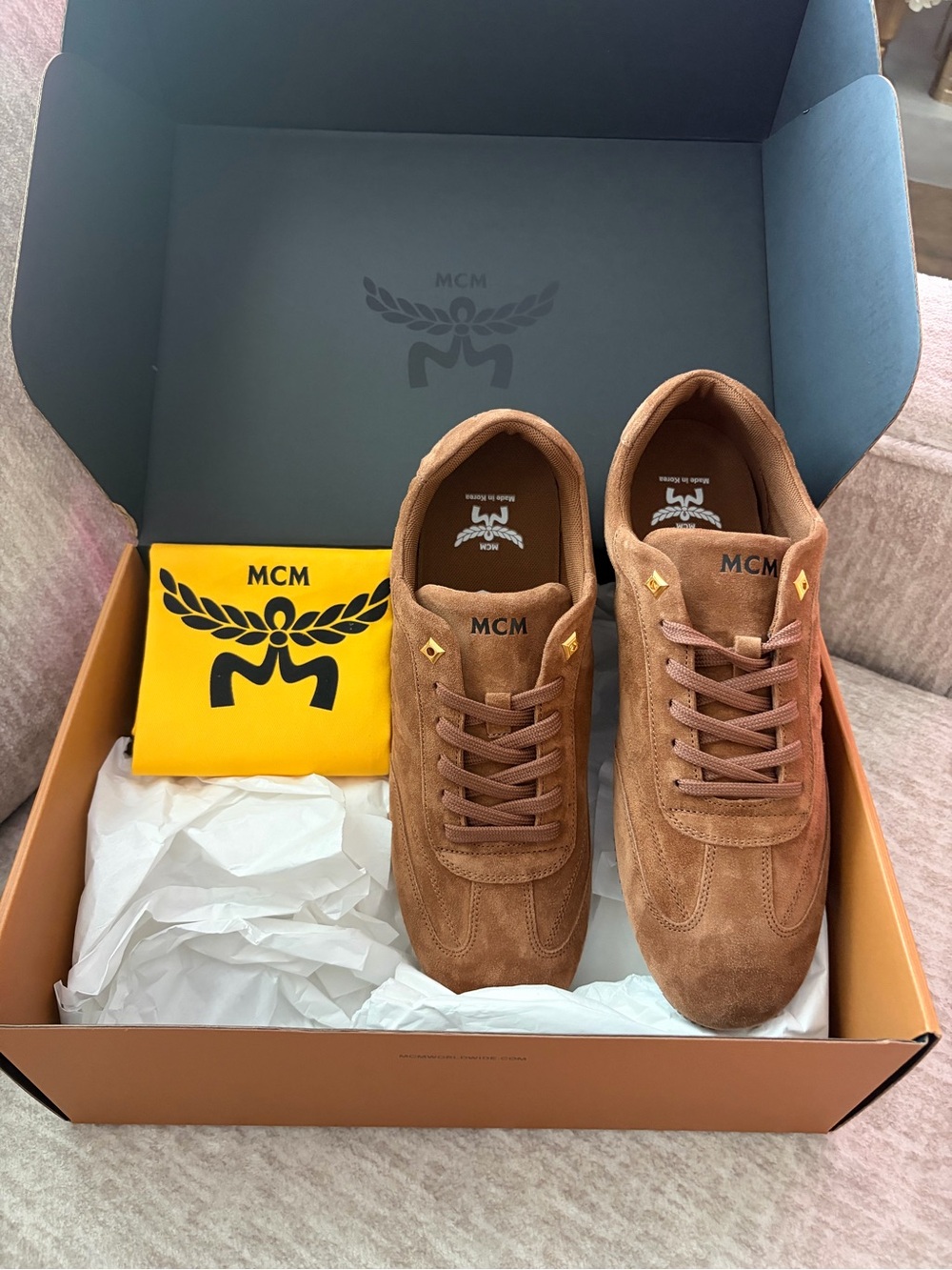 MCM Men's Chestnut Suede Low-Top Sneakers with Gold Accents